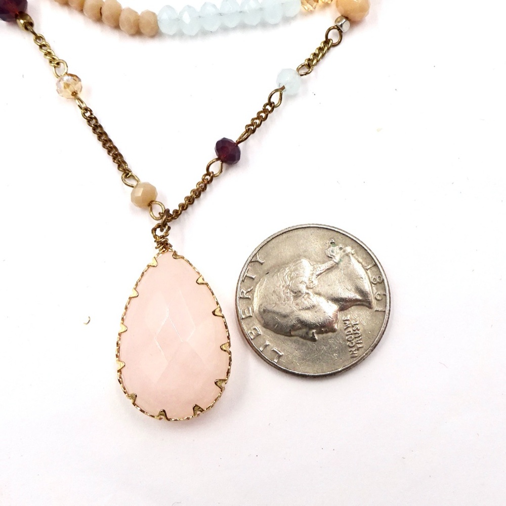 TRIPLE STRAND ROSE QUARTZ CRYSTAL DROP NECKLACE - Picture 7 of 7